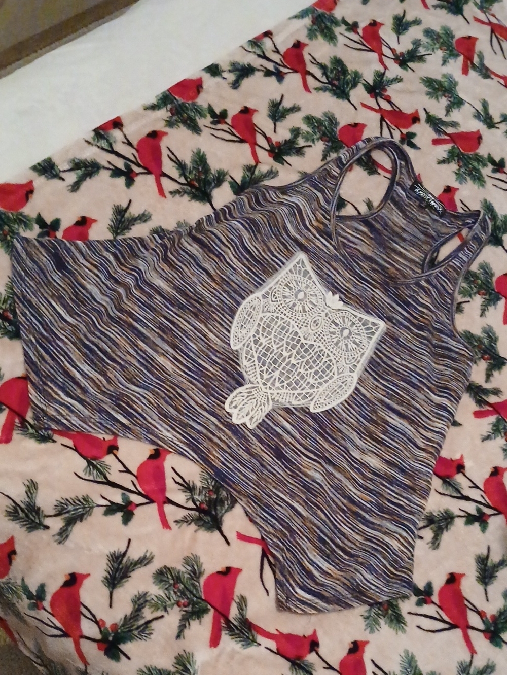Almost Famous Blue Multicolor Striped Racerback Tank with White Lace Owl